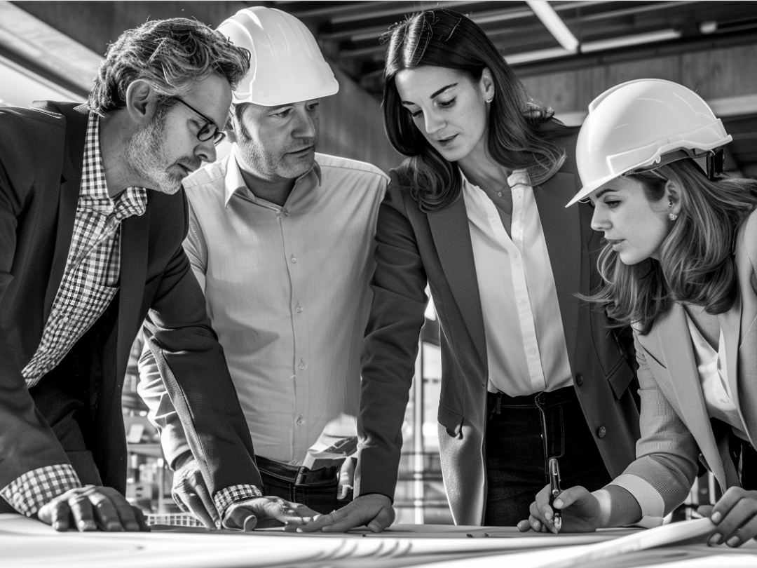 People looking on a blueprint
